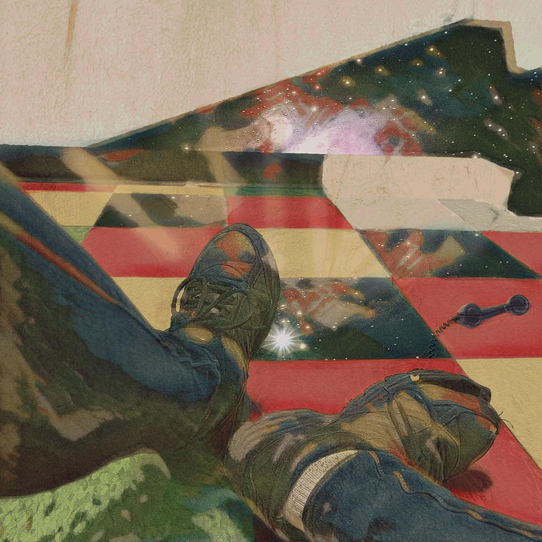 Artwork from a Shayla Hamady album depicting feet in socks on a colorful floor